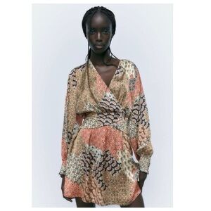 Patterned Satin Wrap Mini Dress - Multicolor